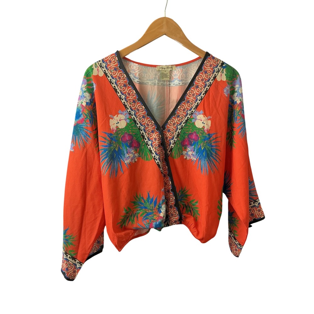 Flying Tomato Orange Tropical Floral Kimono Sleeve Wrap Crop Top IT1010GC-TJ M - Picture 5 of 8